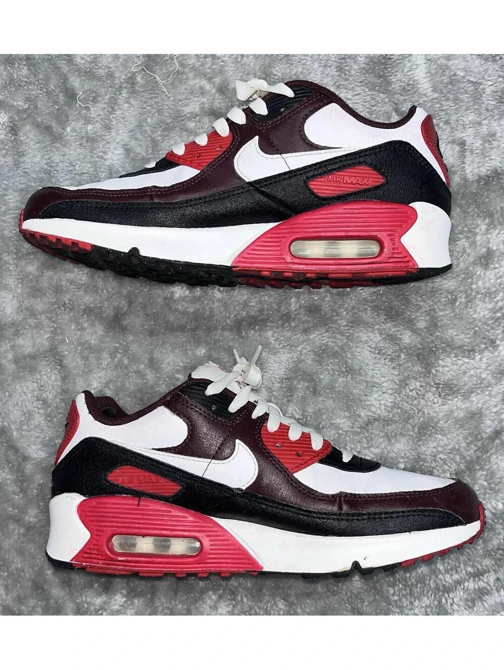 Nike Air Max 90 (GS) Burgundy/White/Black Leather Low Top Sneakers 6Y